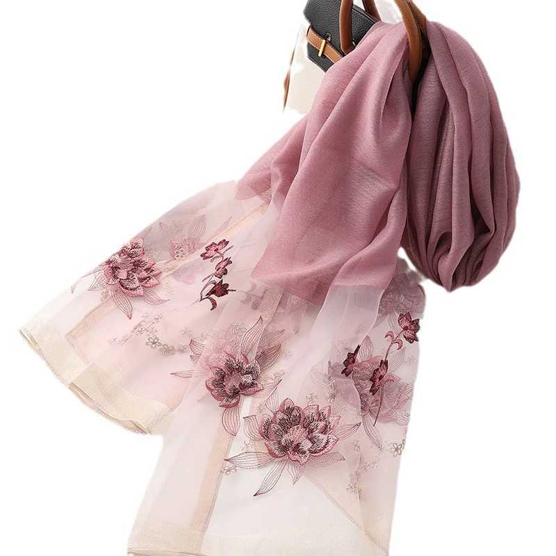 Шелково-шерстяной шарф, плащ, защита от солнца, тонкое ткачество, с вышивкой, оптом