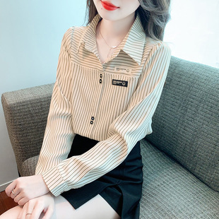 Long-Sleeved Stripesd Shirt Women's Spring & Fall 2025 New Style Fashionable Elegant Age-Reducing Loose Chiffon Top