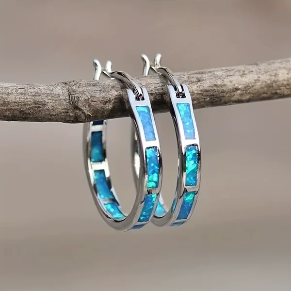 Cross-Border Ebay Hot-Selling Blue Opal Round Earrings European and American Fashion Unisex Earrings Personality Trendy Creative Hoop Earrings