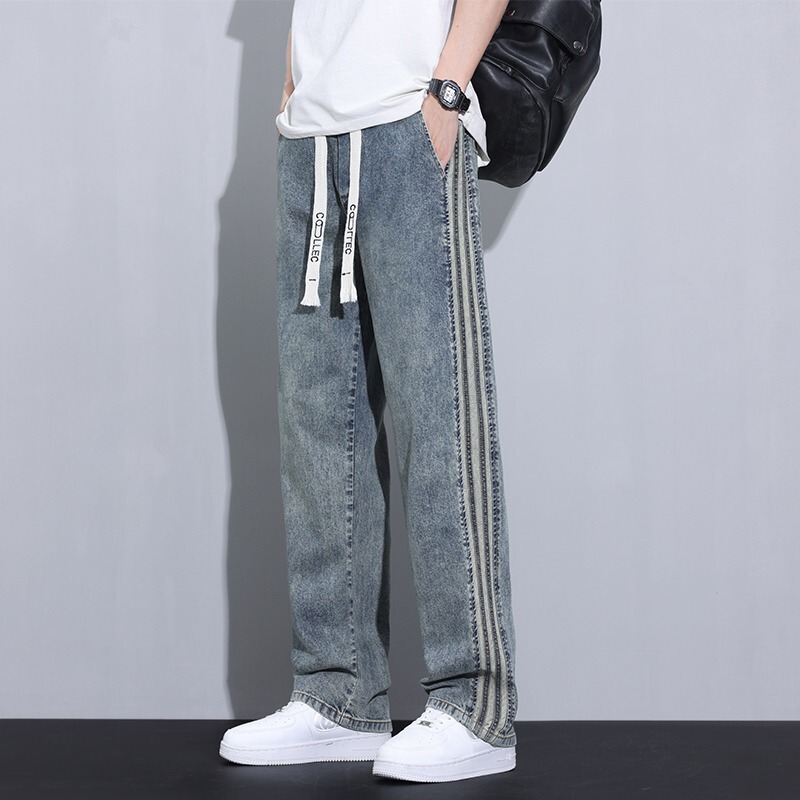 American Striped Men's Jeans 2025 Summer New High Street Trendy Drawstring Loose Wide-Leg Casual Long Pants