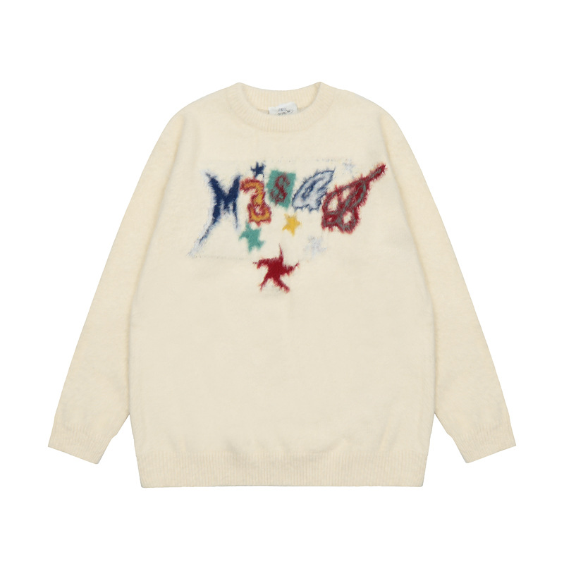 Men's Clothing street style colorful letter jacquard loose round neck sweater men's lazy style all-match couple sweater_voghion.com