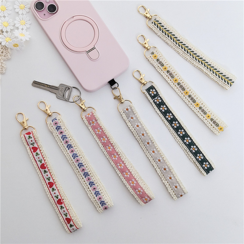 Cross-Border Ins Style Lace Wrist Strap Mobile Phone Chain Lanyard Creative Keychain Hanging Buckle Pendant Accessories for Ladies and Girls
