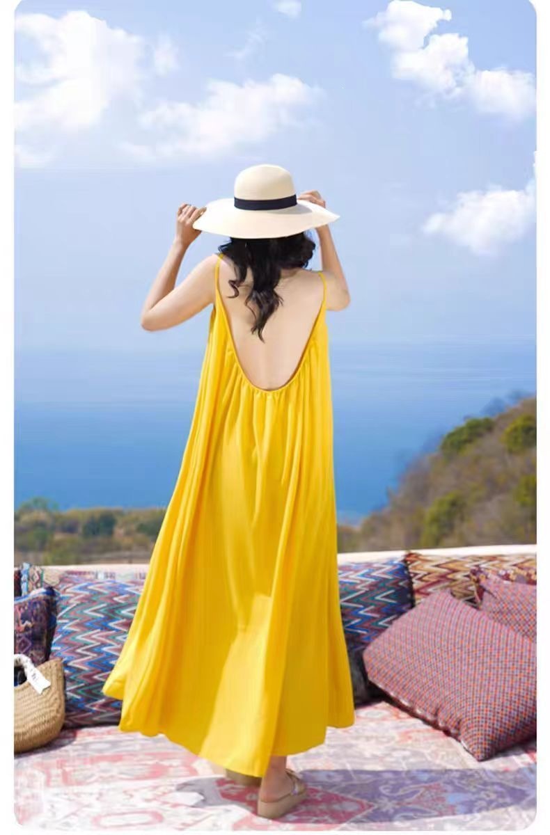 Đầm maxi nữ hở lưng thiết kế siêu tiên, phù hợp đi biển nghỉ dưỡng — màu vàng chi tiết 7