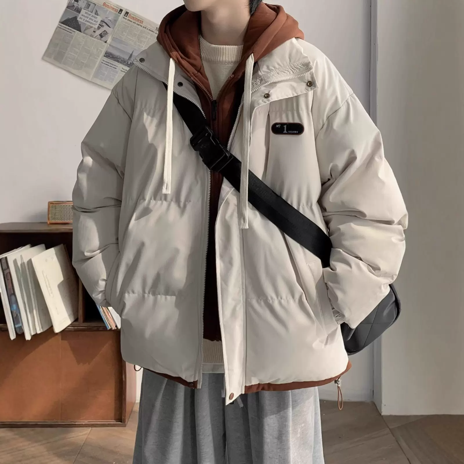 美式假俩件保暖棉服男冬季潮牌宽松防寒连帽青少年面包服棉衣外套