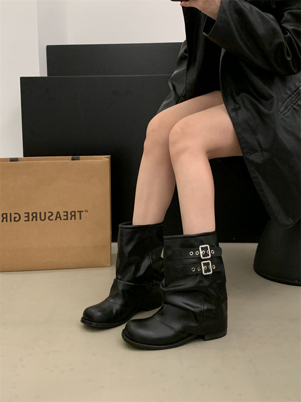 褶皱堆堆靴女2025年新款黑色美拉德中筒靴女西部靴机车马丁靴|undefined