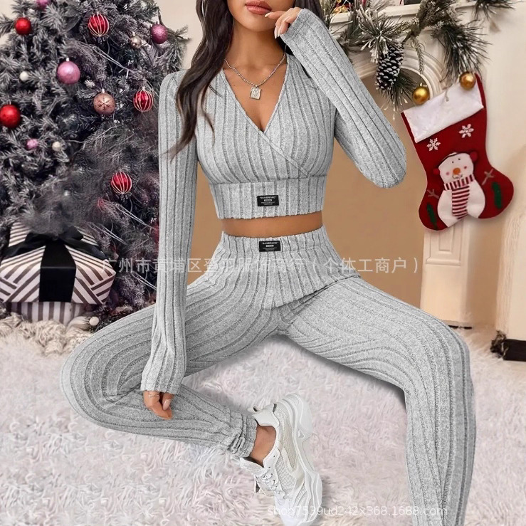 Fashion Solid Color Ribbed Two Piece Set V Neck Long Sleeve Crop Top and High Waist Skinny Pants Set for Women Casual