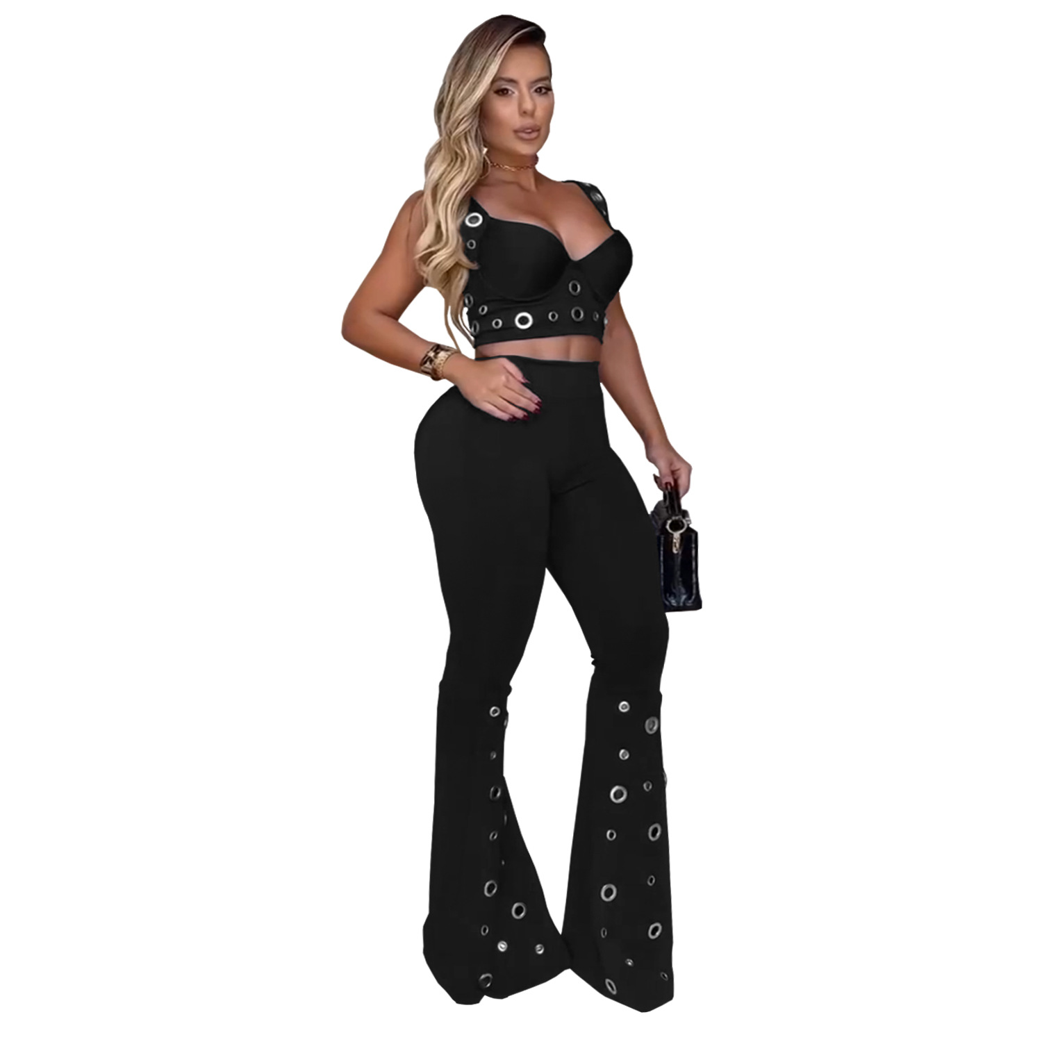 C7451 Cross-border AliExpress Amazon Moda europea y americana Ropa de mujer Temperamento Sexy Top Pantalones anchos Traje de dos piezas image 7