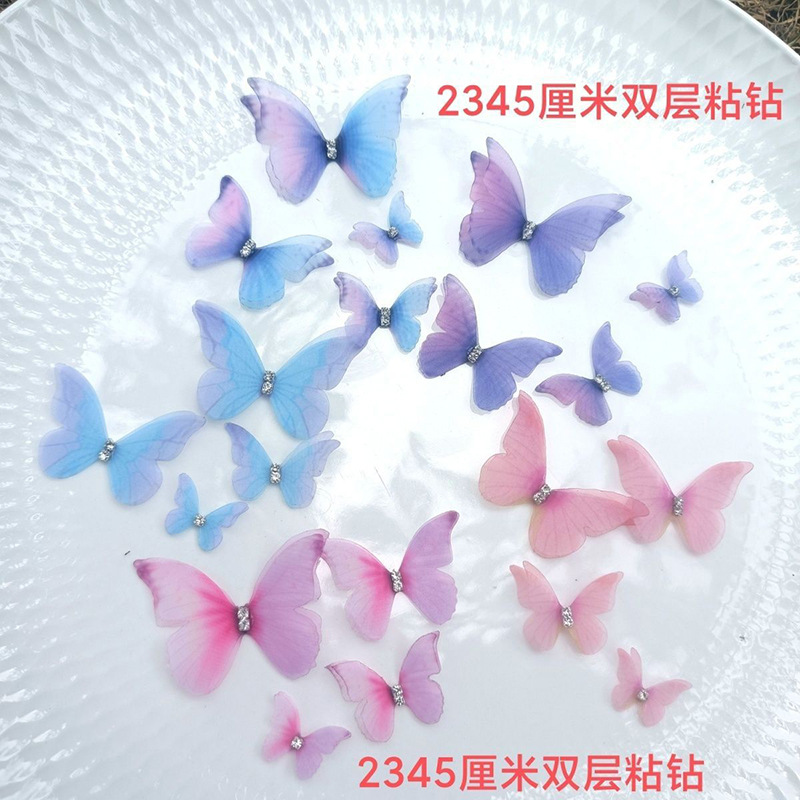 Three-dimensional double layer with diamond 2-5cm tulle butterfly handmade diy face stickers eye makeup face decoration accessories makeup artist