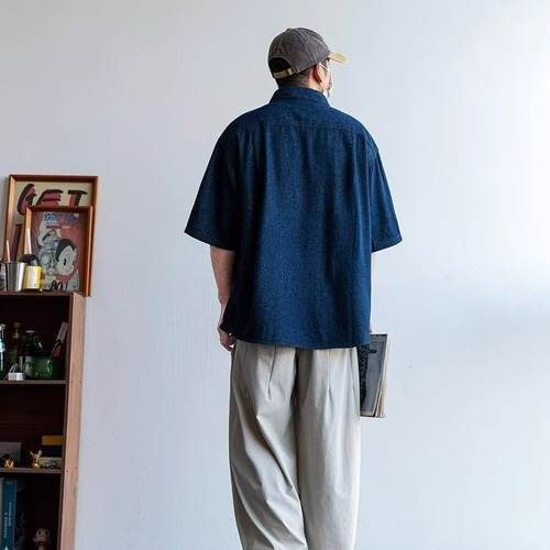 2025 Summer New Japanese Retro Workwear Blue Denim Short-Sleeve Shirt for Men and Women Loose Couple's Shirt Jacket