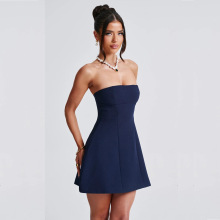 2024亚马逊跨境外贸欧美夏季新款短裙时尚抹胸高腰纯色连衣裙