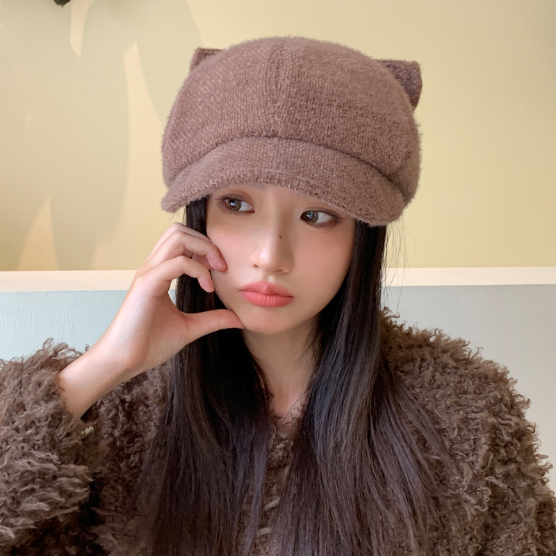 新款韩版秋冬帽子女款鸭舌八角帽猫耳朵防风保暖显脸小百搭大帽檐|undefined