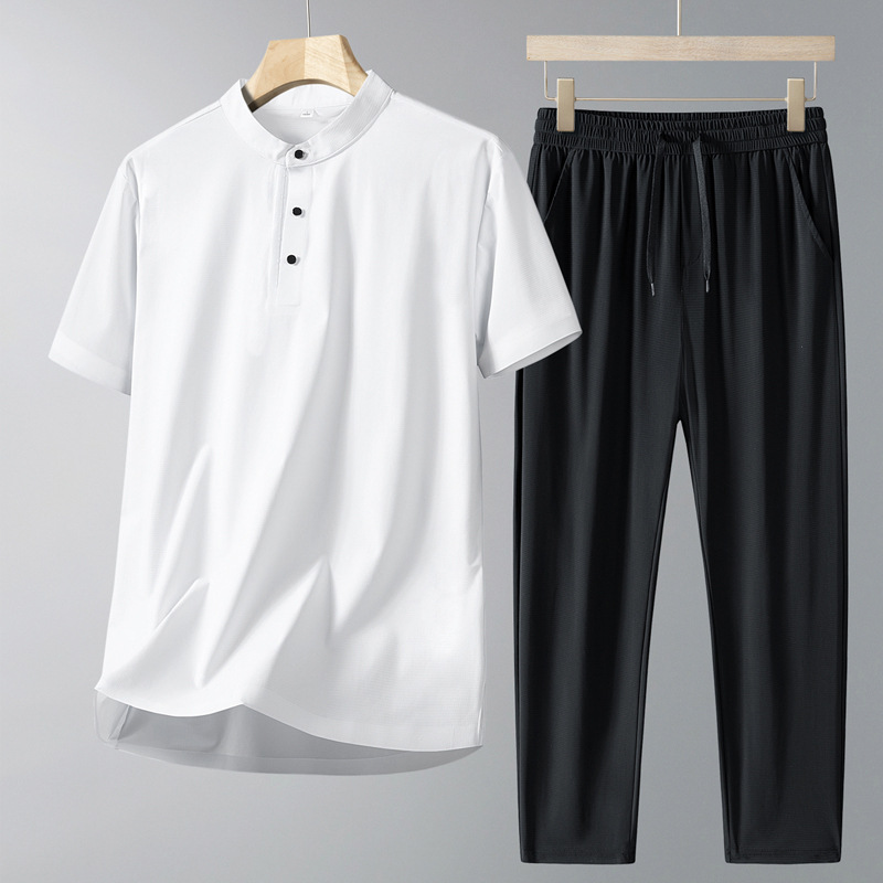 Papá traje casual de verano para hombre con cuello alto, nueva camiseta de manga corta de seda de hielo, pantalones finos de verano de secado rápido, traje de dos piezas para hombre