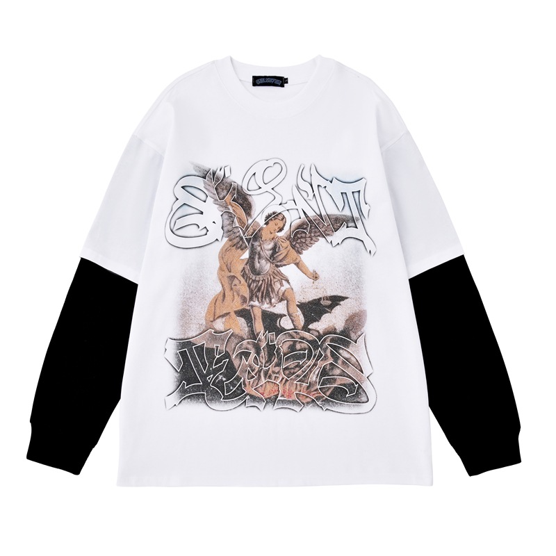 TKPA Streetwear Brand Long-Sleeve T-Shirt American Retro Hip-Hop Print Pseudo Two-Piece Couple's Top Thin Sweatshirt for Men and Women