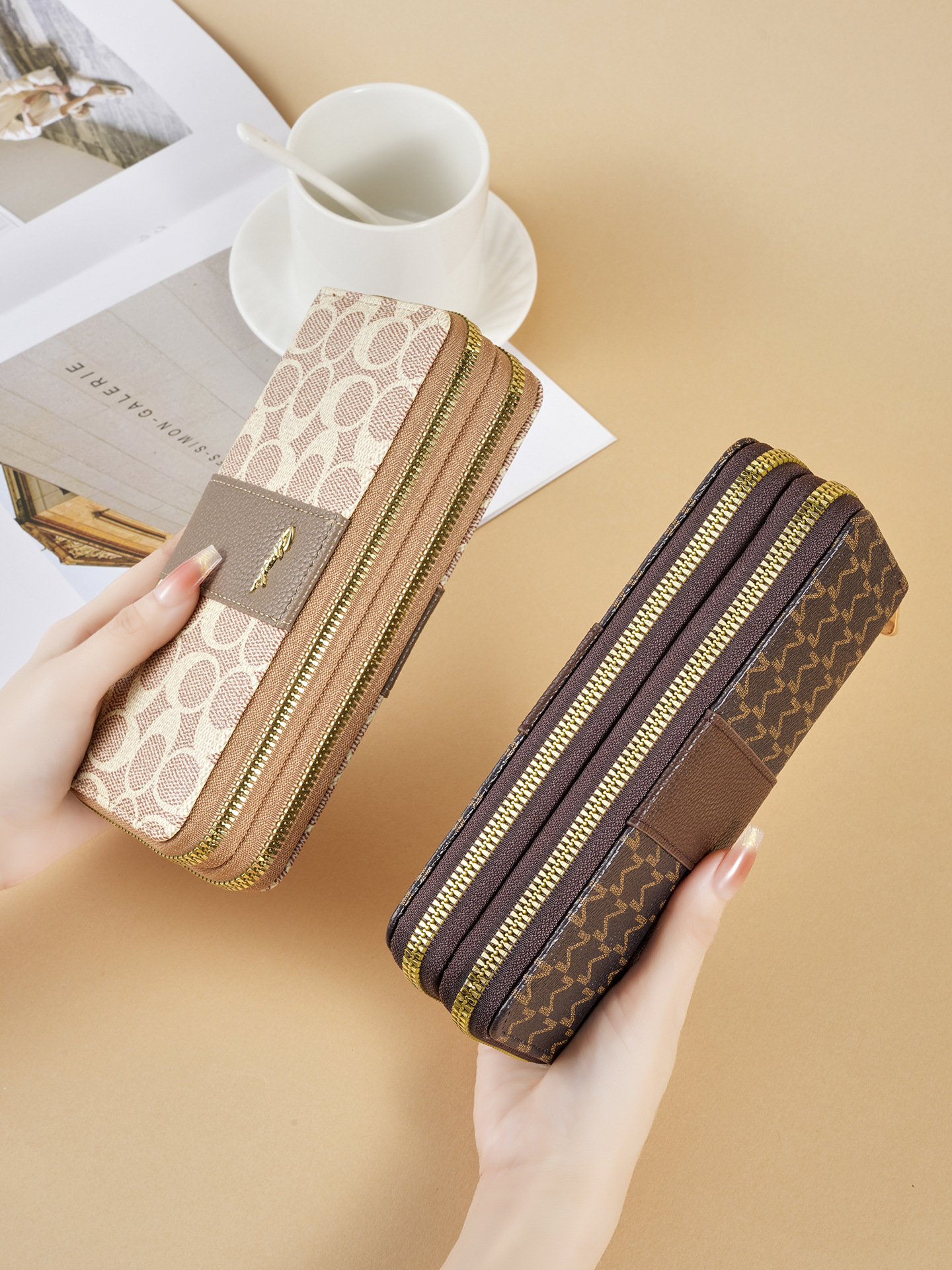 Nuevo tipo de billetera de doble tracción de tendencia transfronteriza impresión de empalme de moda universal doble multi-tarjeta zipper bolso