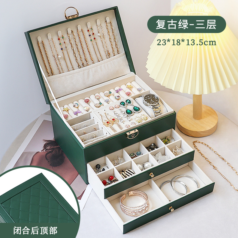 Caja de joyería de lujo ligera de té, pernos multicapa de gran capacidad con cerradura, caja de joyería, joyería de auriculares, almacenamiento de joyería tipo cajón image 8