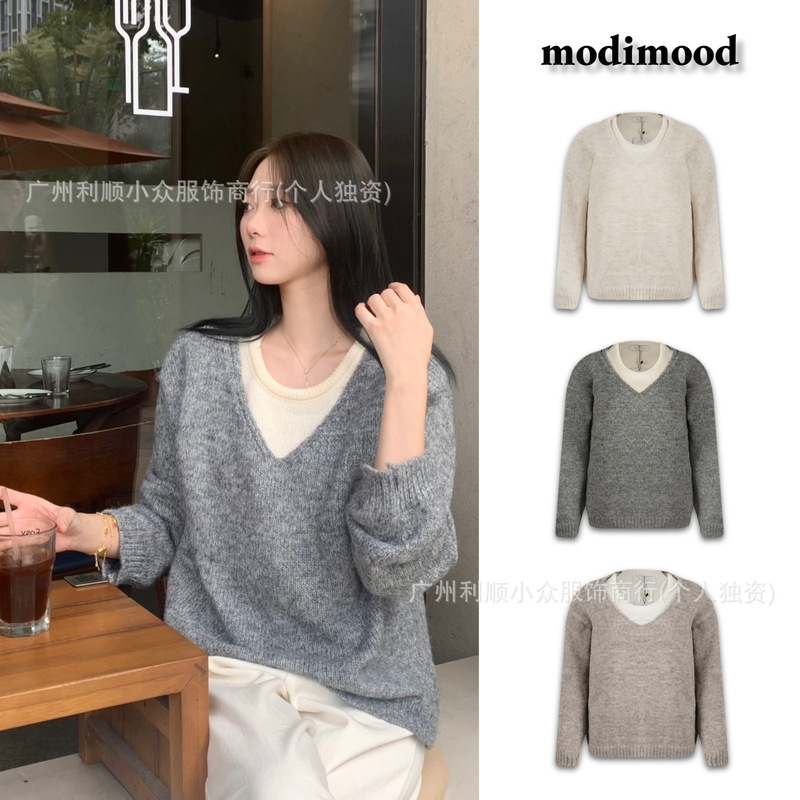 Spot Korean Dongdaemun Modimood V Neck Long-Sleeved Knitwear Vest Knitwear Stacking Suit Women's Autumn and Winter Style