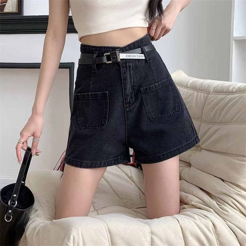Pantalón Corto de Mezclilla de Tiro Alto para Mujer Poliéster Cintura alta, Microelástico