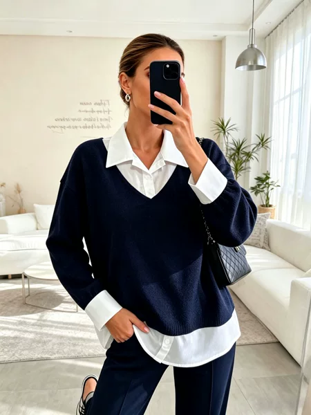Amazon's Best-Selling Blue and White Faux Two-Piece Top, Turn-Down Collar, V-Neck, Color-Blocked Long-Sleeve Shirt for Women, in Stock