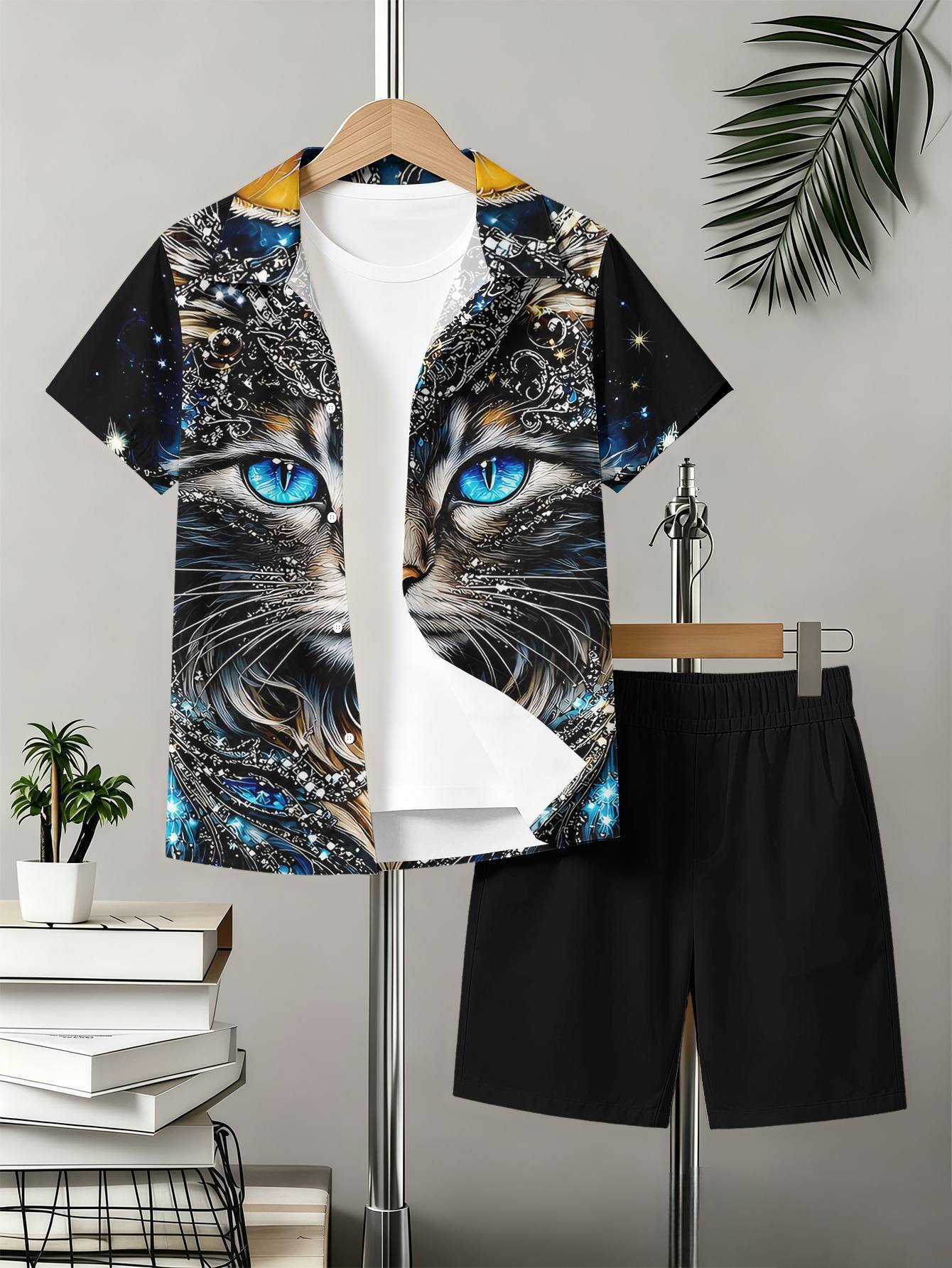 Boys Retro 3d Print Collared Shirt And Shorts Summer Set_voghion.com