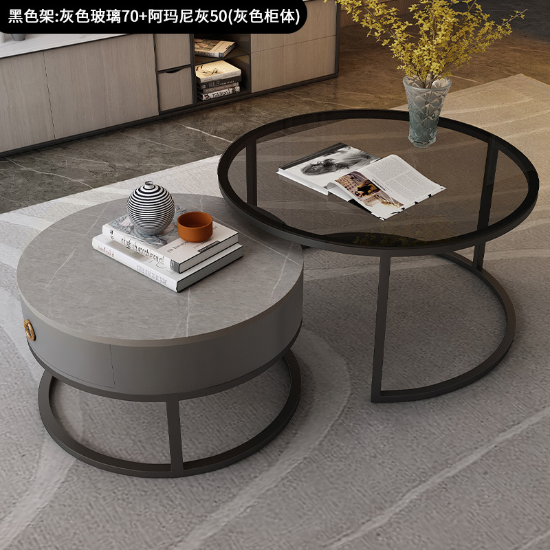 Sala de estar para el hogar, combinación simple de lujo ligero, mesa de roca minimalista, estilo crema, pequeño apartamento, mesa de centro redonda de vidrio italiano