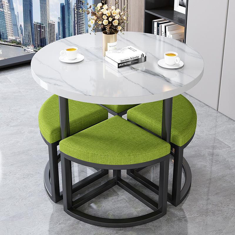 Taburete de tela verde claro + mesa de mármol imitado