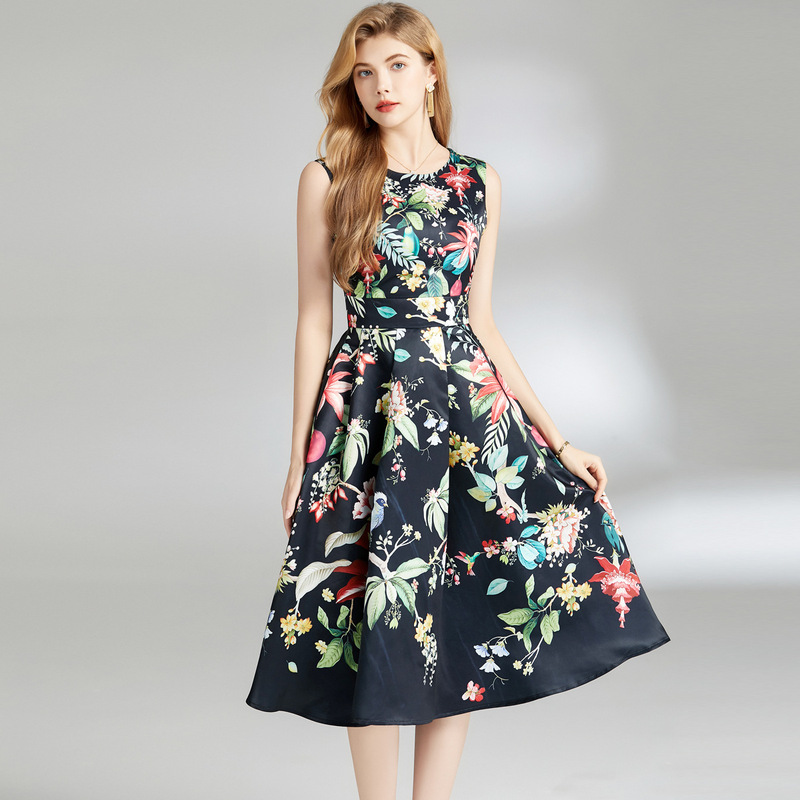 Spring and Summer European and American Women's Round Neck Sleeveless Vest Pleated Waist Umbrella Hem Black Background Printed Floral Dress XL