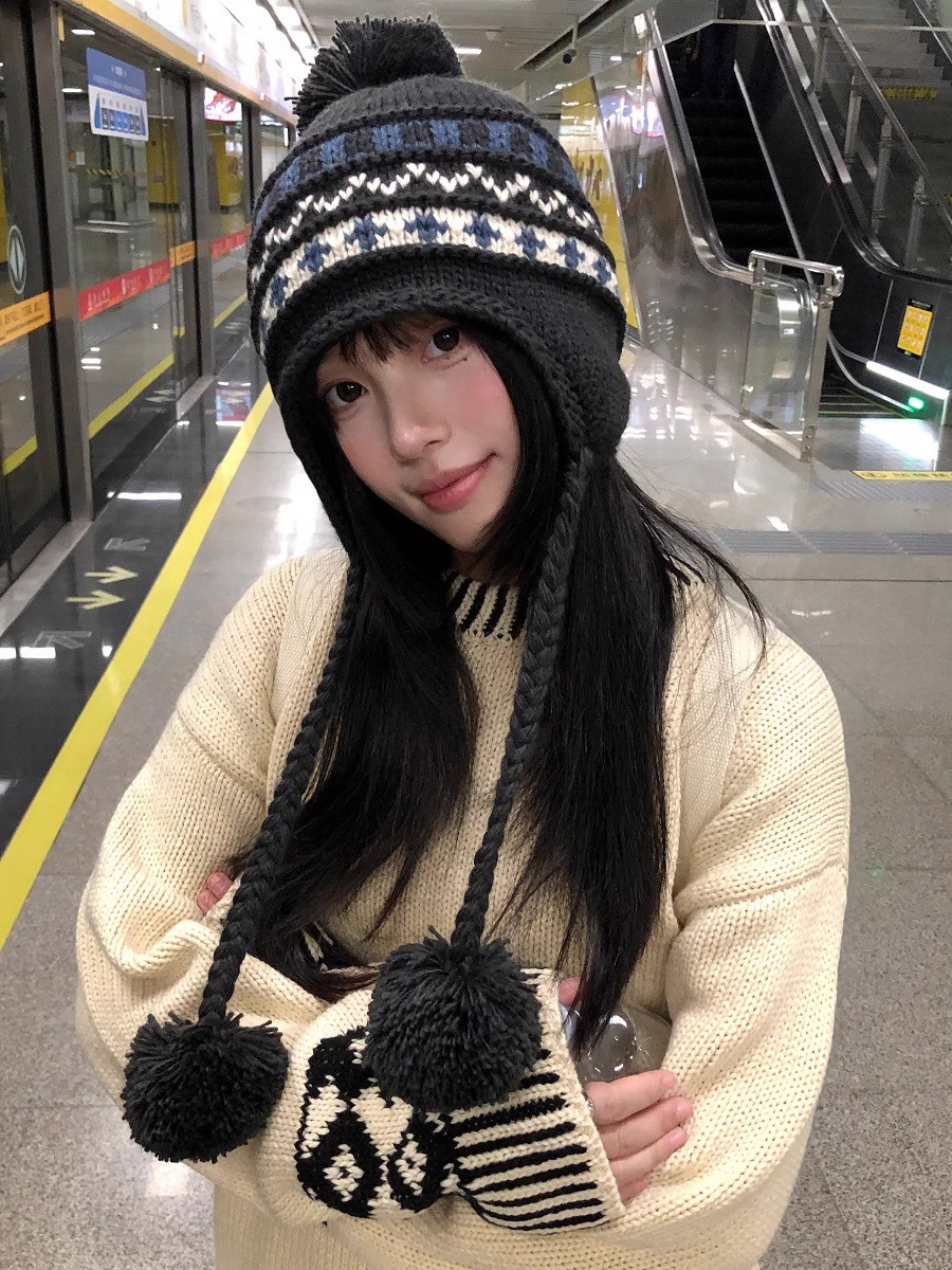 フェア島風毛糸帽子女子秋冬レトロ百合大頭囲保温ニット帽子顔小耳保護帽子
