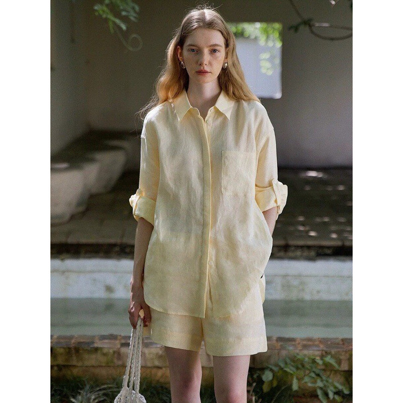 Countome Relaxed Summer/Leisurely Casual Style All-Linen Oversized Shirt/Shorts Set