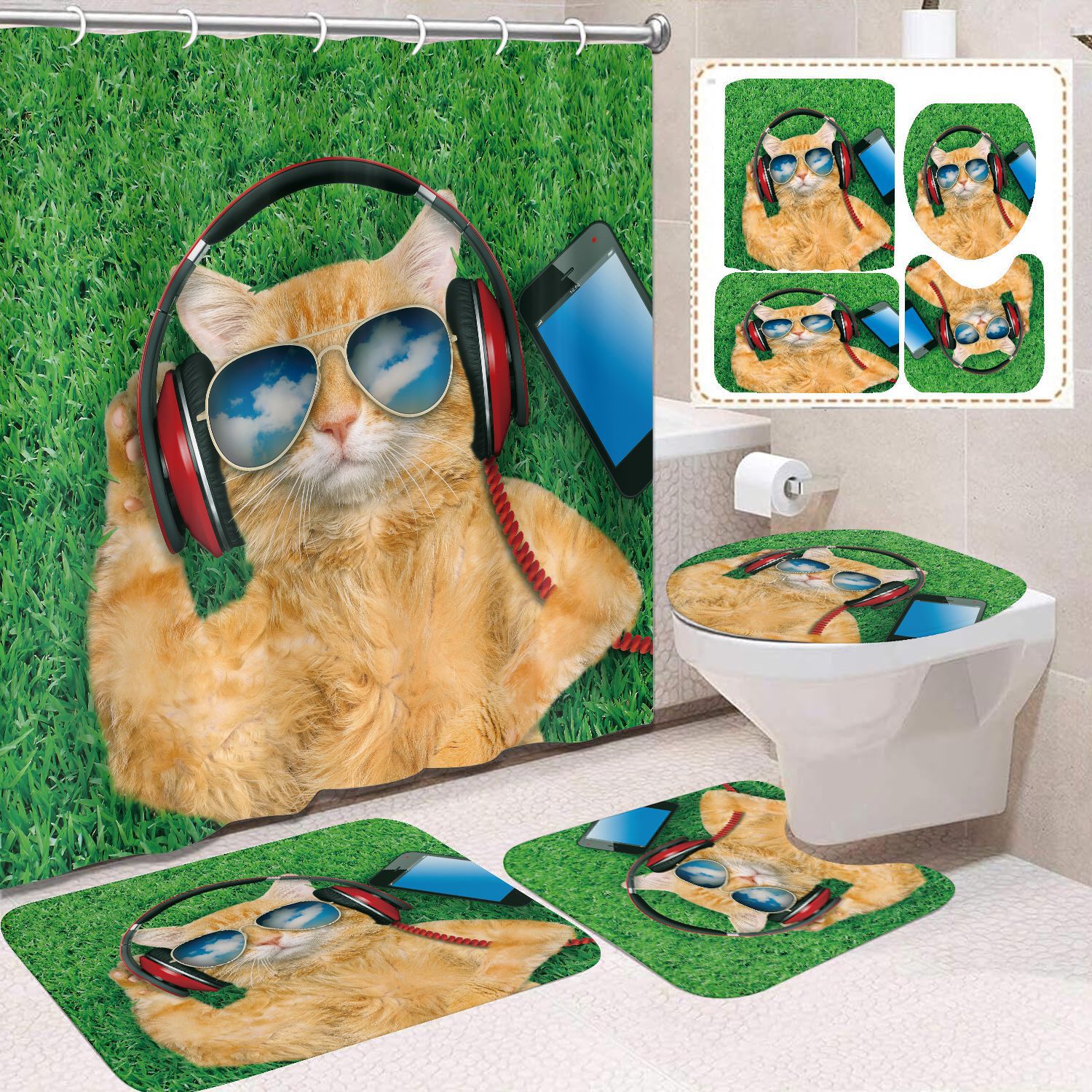 Fuente de fabricantes Amazon animales gatos niños cortina de ducha impermeable a prueba de moho cortina de ducha inodoro partición de baño divertido