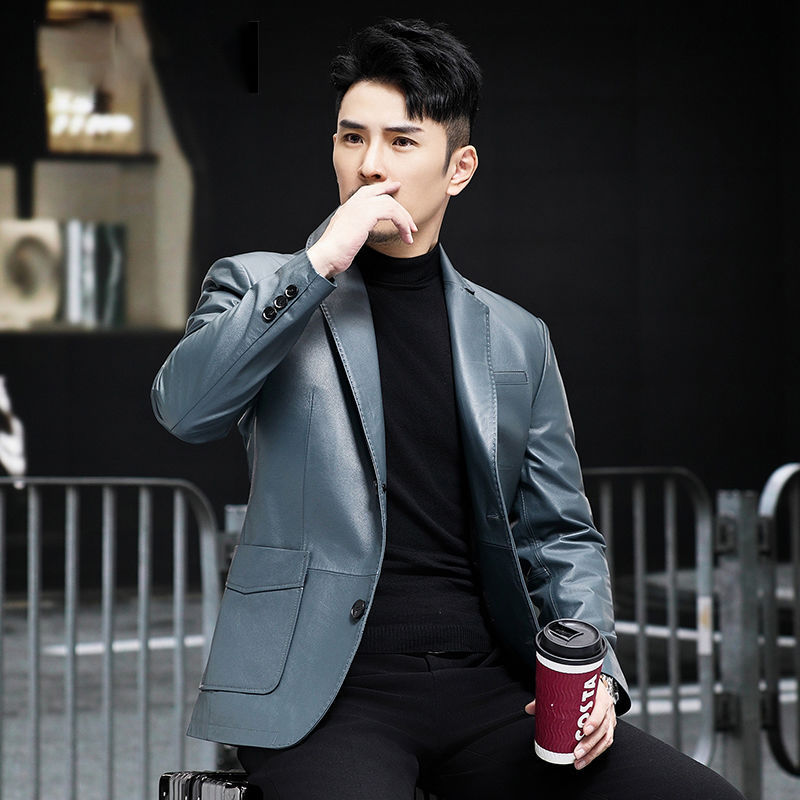 Haining men's leather jacket top layer cowhide autumn and winter New suit collar youth leather jacket suit jacket fashion