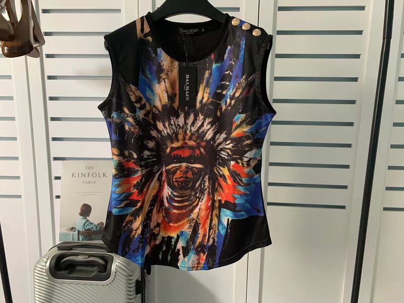 Spring and Summer New balmain Indian Head Sleeveless T-shirt Women's balmain Single Shoulder Gold Buckle Arc Hem
