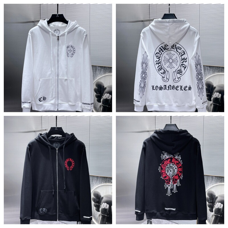 CROZA Chrome Heart High Weight Woolen Loop Printed Zipper Hooded Men's and Women's Couple Cardigan Hoodie Sweater