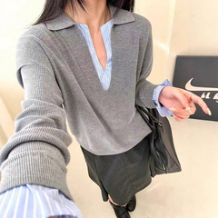 韩版假两件撞色针织衫女秋冬新款跨境休闲气质通勤百搭套头毛衣女