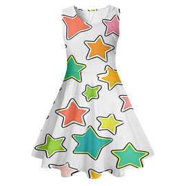 速卖通3D数码印花女童装公主裙五角星星不规则休闲圆领无袖连衣裙