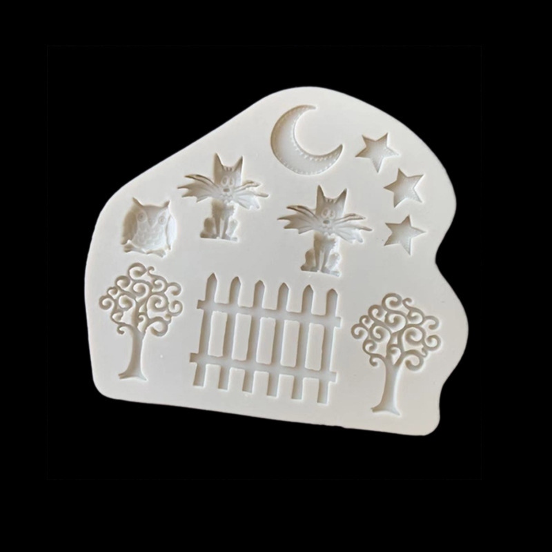 Estrella Luna cerca del búho pequeño árbol forma de silicona molde fondant cake decoración creativa herramienta para hornear