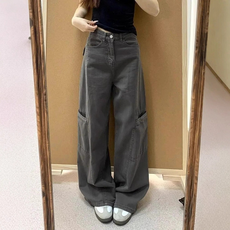 灰色阔腿牛仔工装裤女2025夏季新款高腰宽松显瘦百搭直筒拖地裤子|undefined