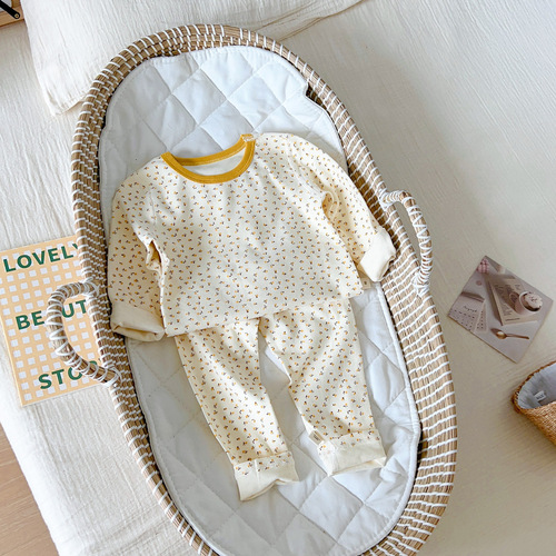 Children's brushed underwear set, boys and girls, warm pajamas, wool pull-frame autumn clothes, long trousers, combed cotton home clothes