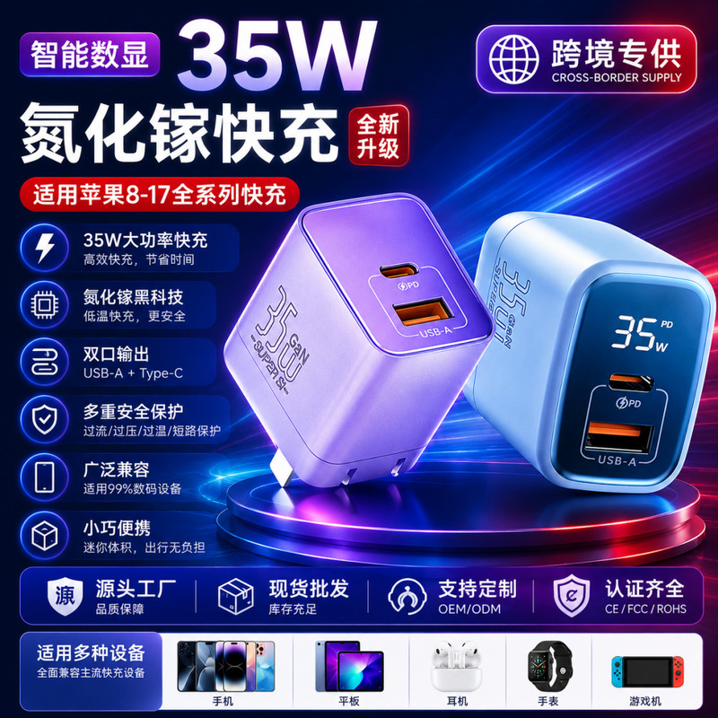 Pd35W Small Ice Cube Gallium Nitride Charger Suitable for Apple and Huawei Charging Heads, Foldable Plug, Dual-Port Fast Charging Head