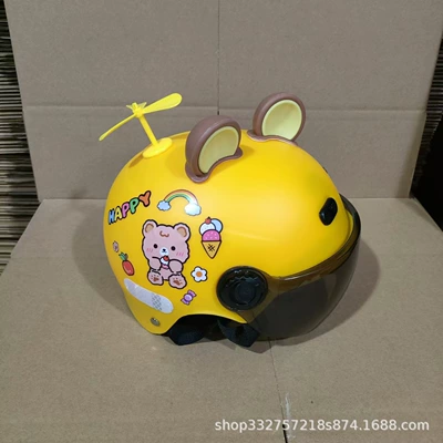 Motosiklet kaskı (dəbilqə) | half helmet battery car safety helmet - yellow-cake-bear-sun-protection-mirror-brown-bear-ears-yellow-windmill-3c-certified-1-6-years-old-j02