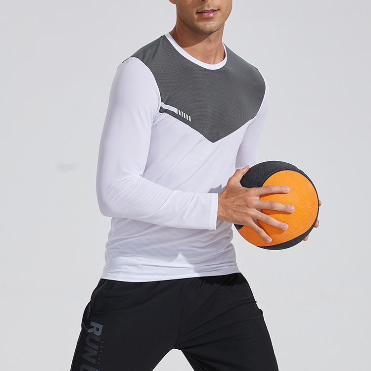 Nuevo color casual a juego de manga larga ropa de secado rápido para hombres transpirable reflectante raya deportes sudor absorbente cuello redondo correr ropa de entrenamiento camiseta