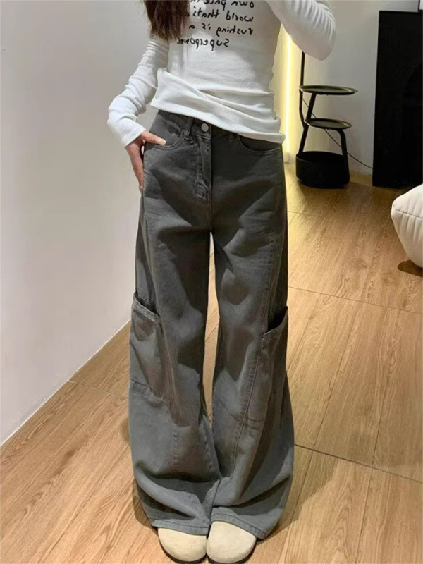 灰色阔腿牛仔工装裤女2025春秋款新款高腰宽松显瘦百搭口袋拖地裤|undefined