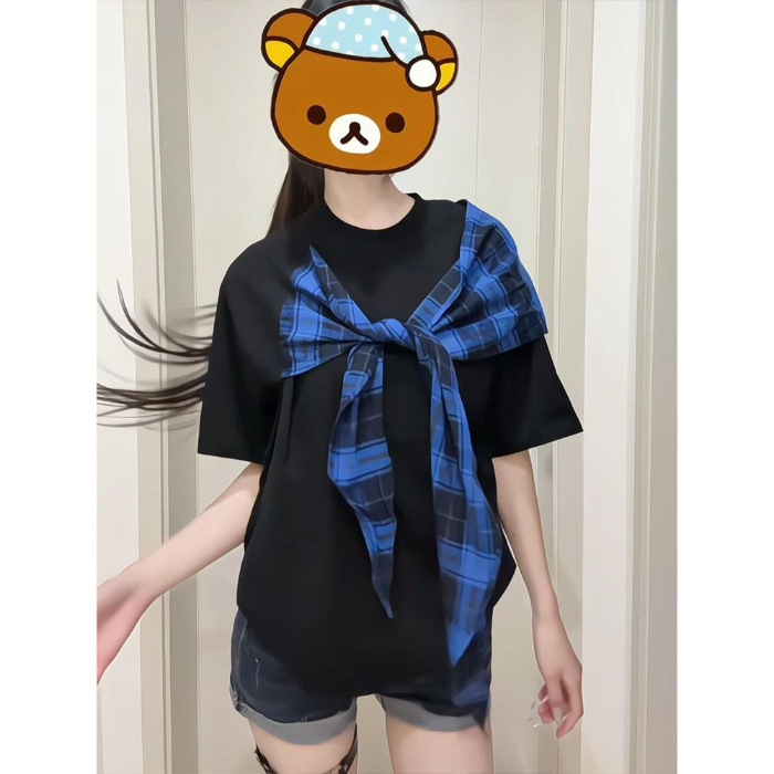 アメリカンレトロフェイクツーピースショール半袖Tシャツレディース2025年夏新作薄手ルーズレイヤードスリミングトップイン|undefined