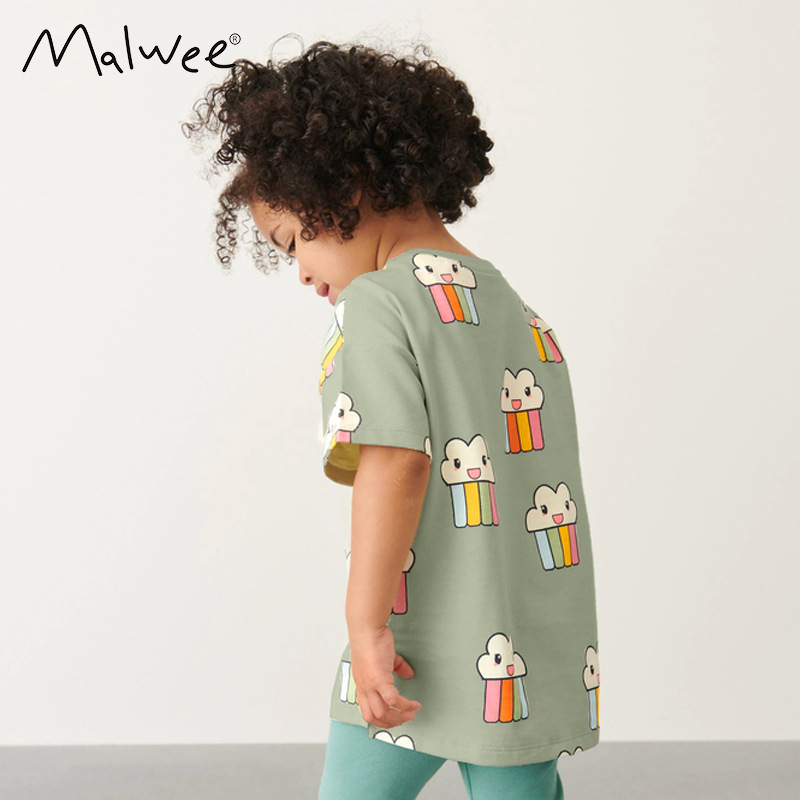 Malwee niñas cuello redondo manga corta verano nuevo estilo europeo y americano niños estilo occidental camiseta de la niña