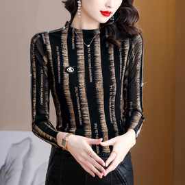 条纹打底衫女2022秋冬新款时尚洋气立领拼接袖子烫钻显瘦打底衫潮