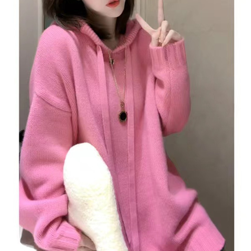 欧洲站针织衫连帽中长款毛衣女2025秋季新款宽松慵懒风套头上衣潮|undefined