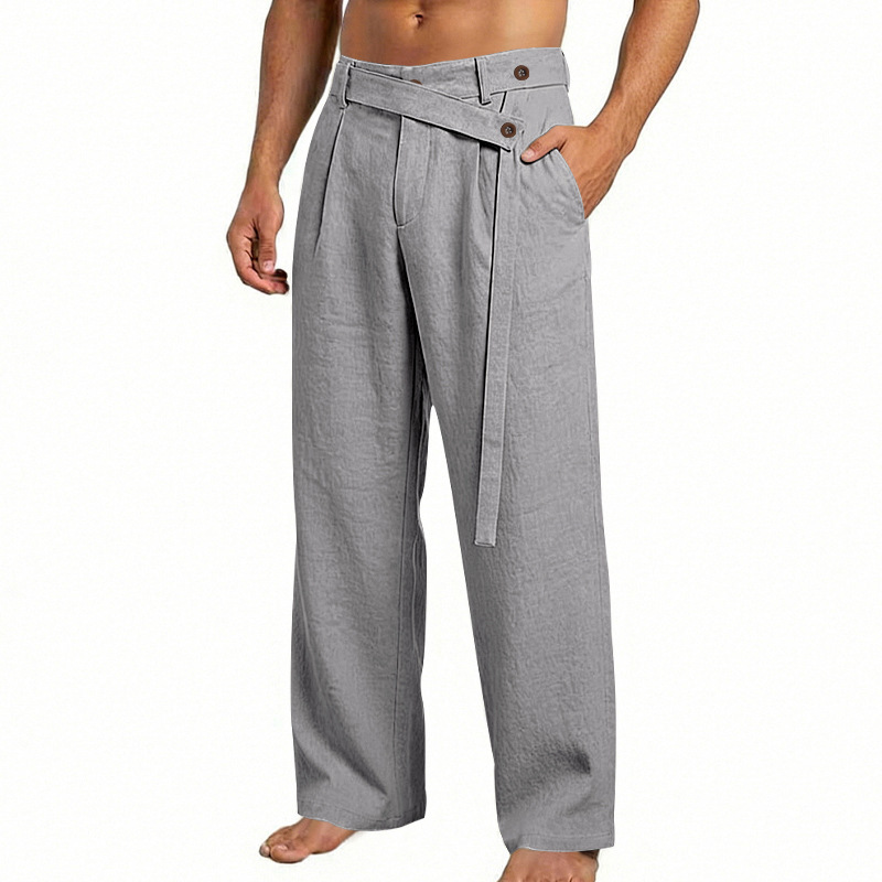Men's Solid Color Linen Pants Simple Loose Fit High End Straight Leg Casual Midweight Polyester Long Trousers_viptrois.com