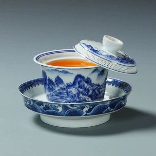 白瓷千里江山国风图案功夫茶具盖碗陶瓷家用敬茶泡茶碗三才泡茶器