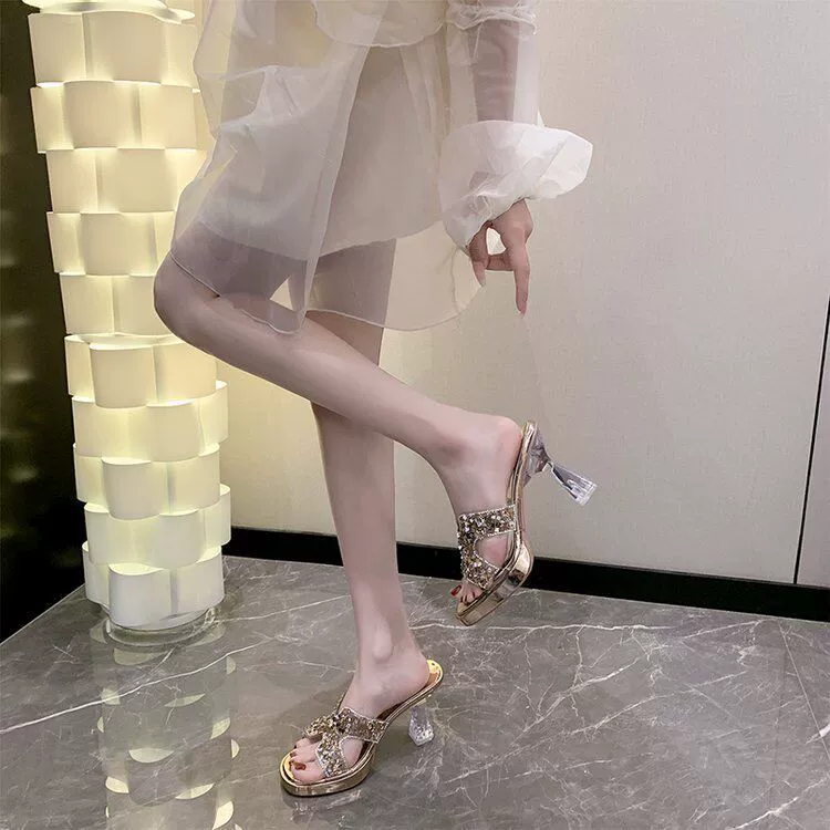 European and American style high heels that don't tire your feet, women's summer sandals 2024 new style rhinestone thick heels, waterproof platforms, thick-soled shoes, sandals and slippers