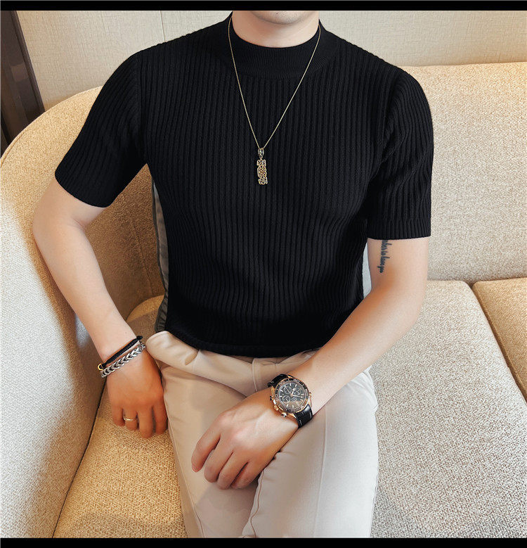 Herren Schwarz Hochgeschlossener Kurzarm Strickpullover Slim Fit_voghion.com