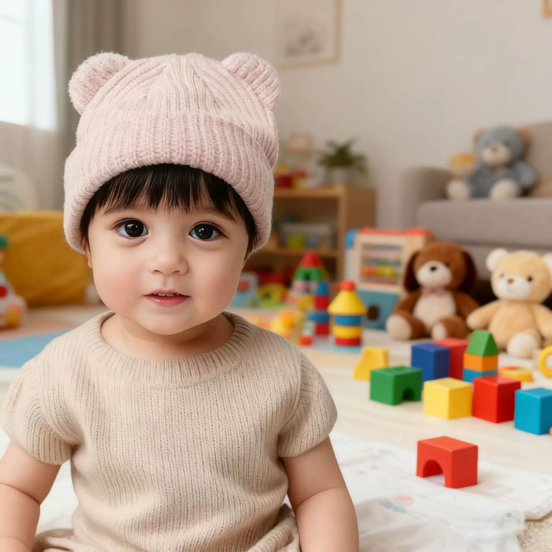外贸婴幼儿秋冬毛线帽高弹男女宝宝小熊针织帽Kids Winter Hats